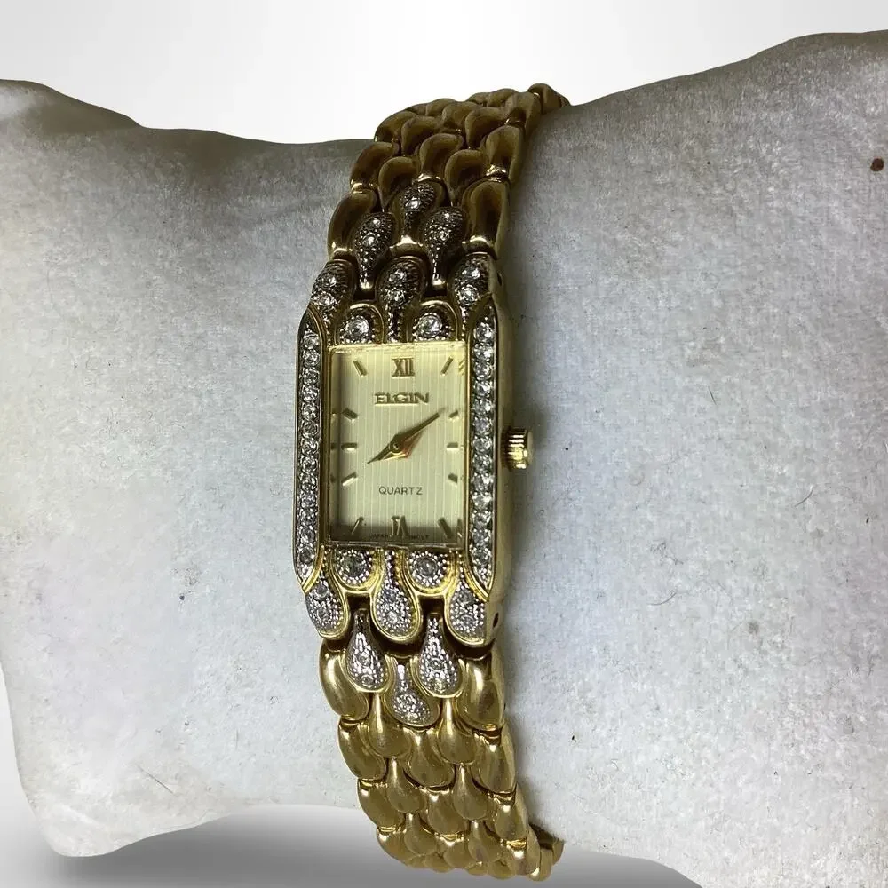 Vintage ELGIN Gold Tone & Rhinestones Bracelet Watch